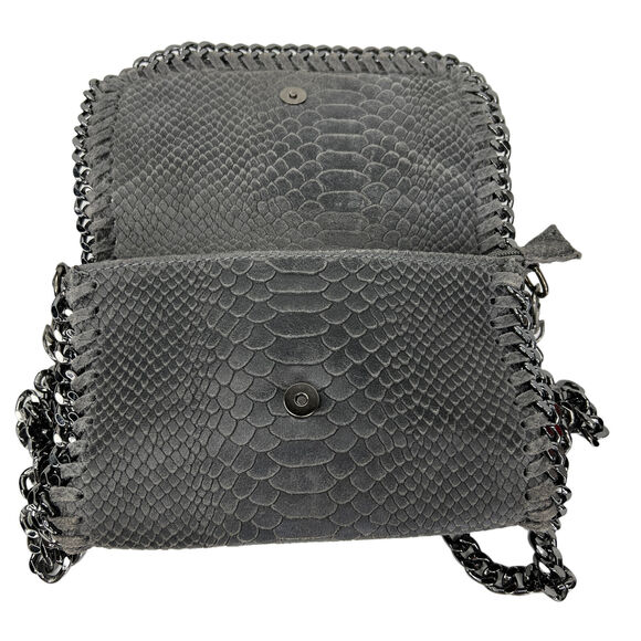 Reptile Crossbody Bag Chain Long Strap Olive Green Gray Leather Italy 8.5 x 5.5 - Picture 4 of 9